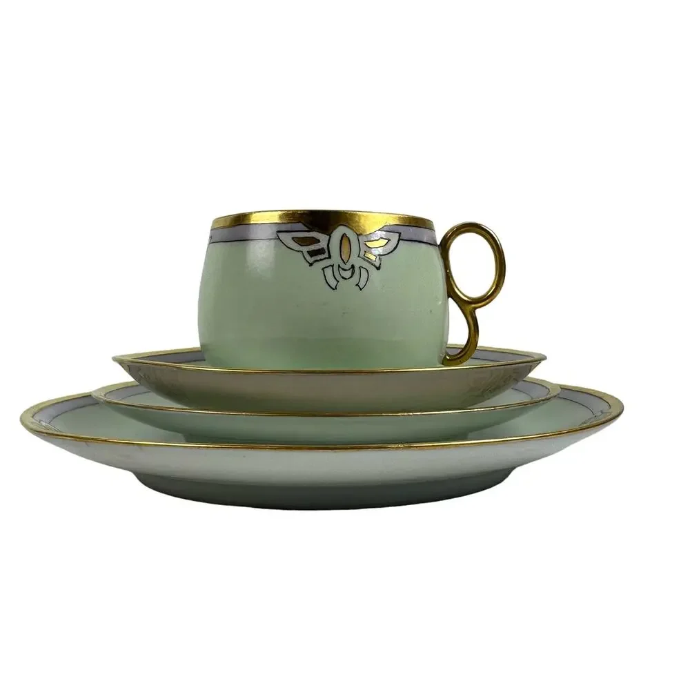Art Nouveau Thomas Bavaria 4 Piece Luncheon Set Light Green w/Purple & Gold Rim